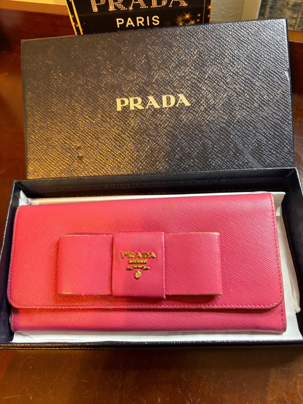 Prada Hot Pink Saffiano Bow Continental Wallet - Picture 2 of 9